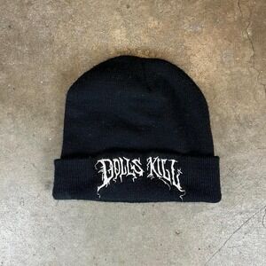 Dolls Kill black beanie with white logo